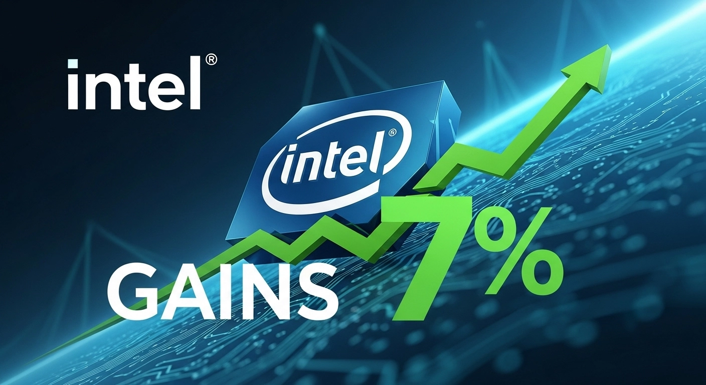 Create an image that best resonates the text, Intel Gains 7% as Donald Trump Reportedly Eyes Government Stake